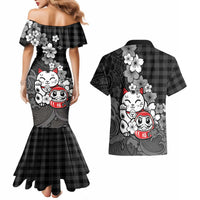 Black Palaka Hawaiian And Japanese Couples Matching Mermaid Dress and Hawaiian Shirt Maneki Neko And Sakura Bloom