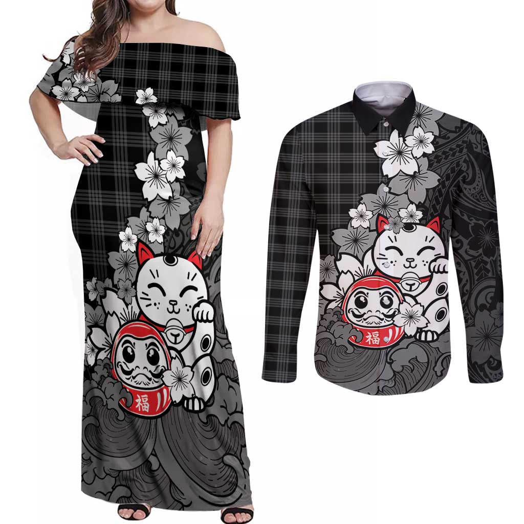 Black Palaka Hawaiian And Japanese Couples Matching Off Shoulder Maxi Dress and Long Sleeve Button Shirt Maneki Neko And Sakura Bloom DT05 Black - Polynesian Pride