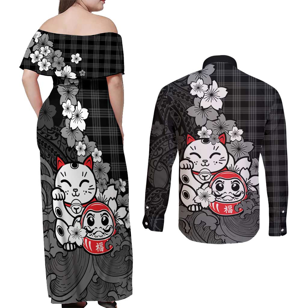 Black Palaka Hawaiian And Japanese Couples Matching Off Shoulder Maxi Dress and Long Sleeve Button Shirt Maneki Neko And Sakura Bloom
