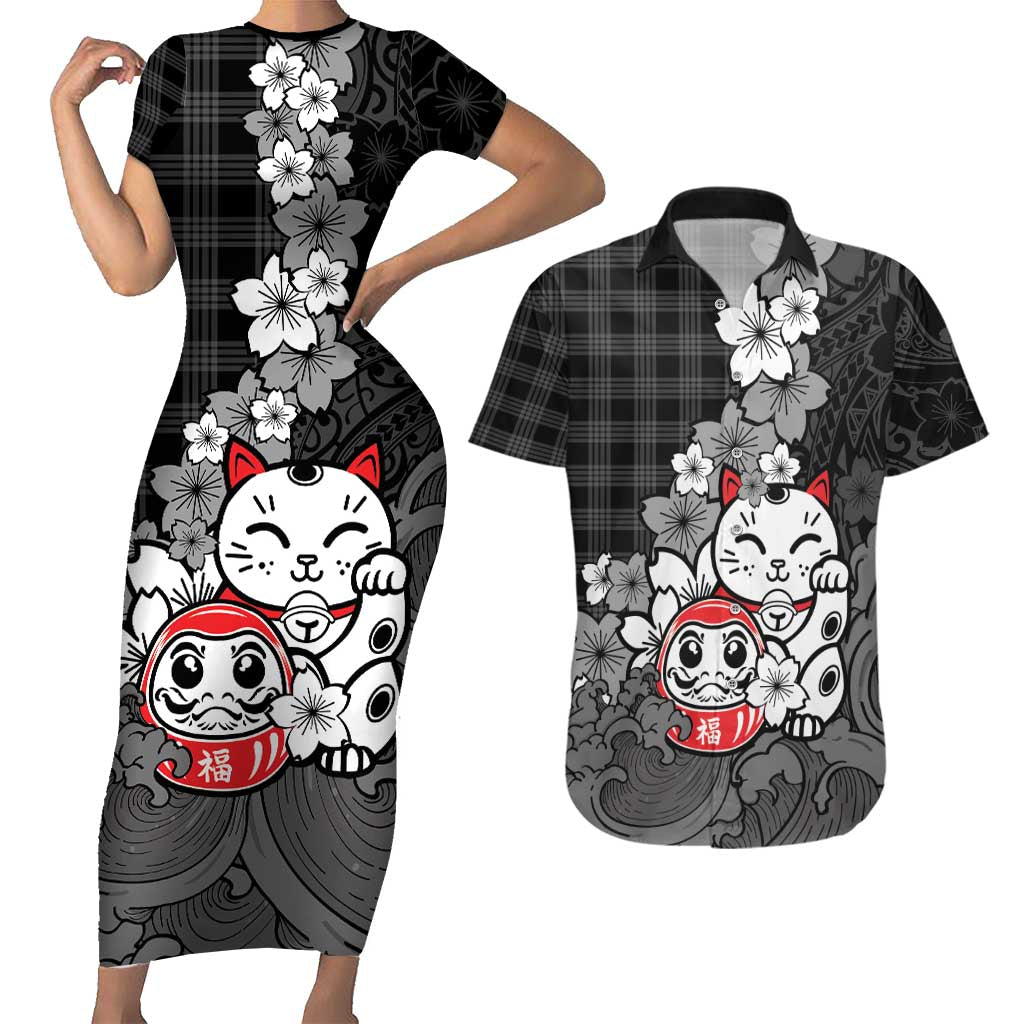 Black Palaka Hawaiian And Japanese Couples Matching Short Sleeve Bodycon Dress and Hawaiian Shirt Maneki Neko And Sakura Bloom