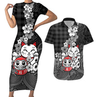 Black Palaka Hawaiian And Japanese Couples Matching Short Sleeve Bodycon Dress and Hawaiian Shirt Maneki Neko And Sakura Bloom