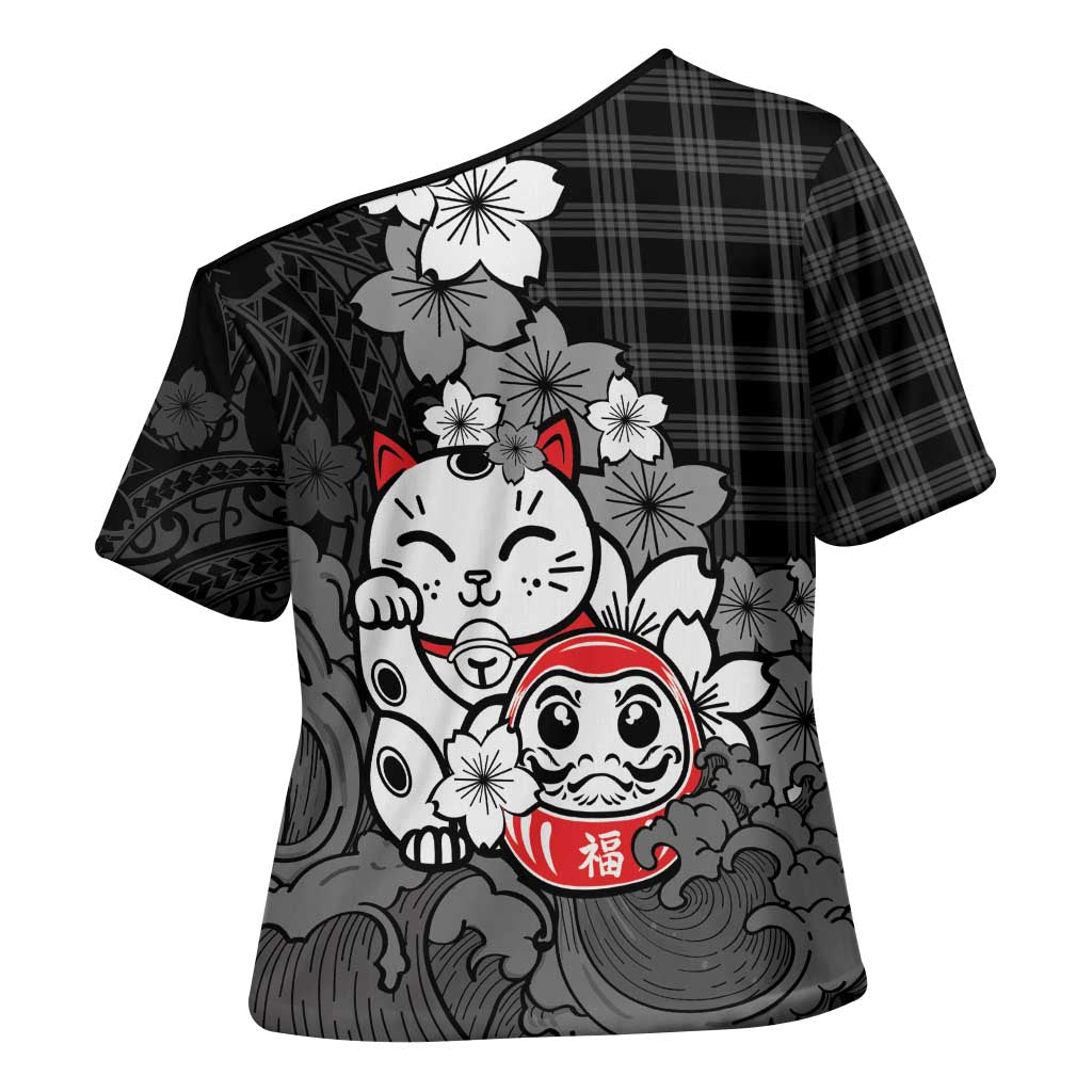 Black Palaka Hawaiian And Japanese Cross Shoulder Shirt Maneki Neko And Sakura Bloom DT05 - Polynesian Pride