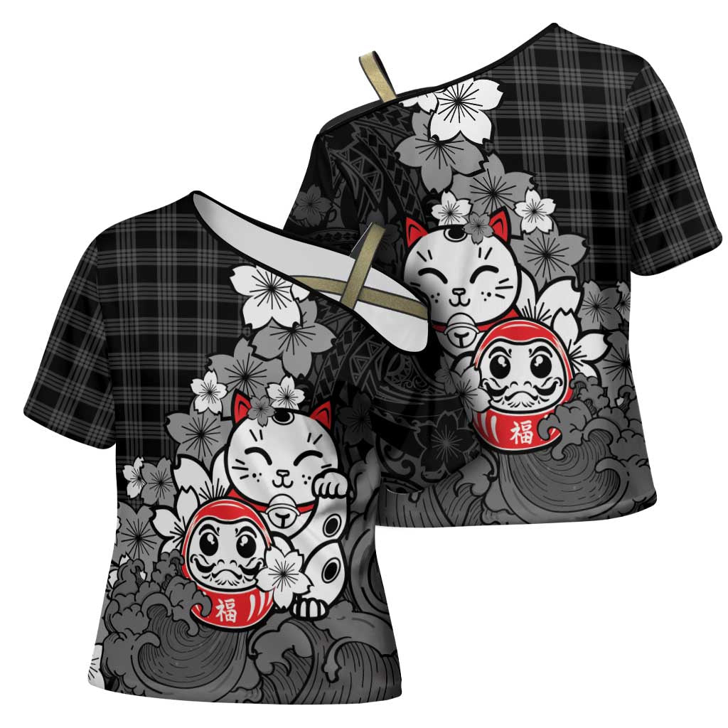 Black Palaka Hawaiian And Japanese Cross Shoulder Shirt Maneki Neko And Sakura Bloom DT05 - Polynesian Pride