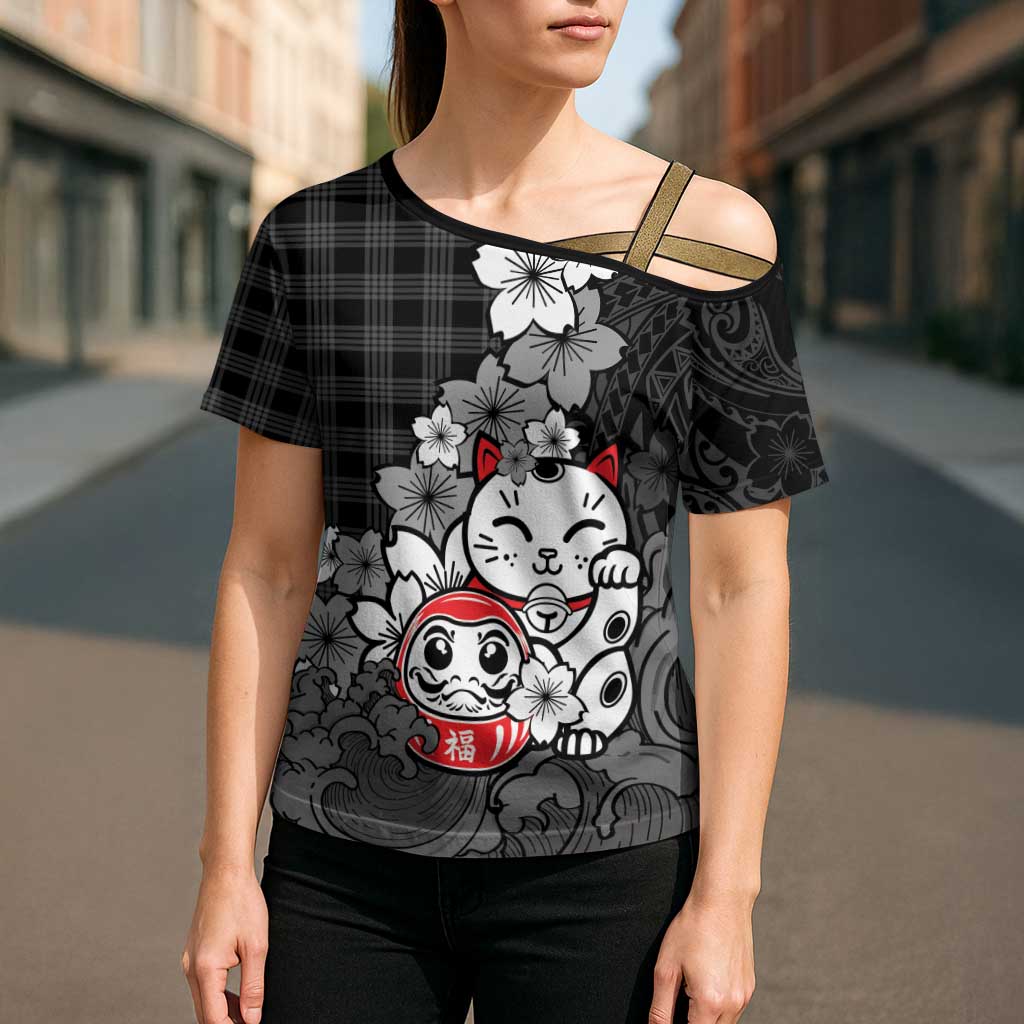 Black Palaka Hawaiian And Japanese Cross Shoulder Shirt Maneki Neko And Sakura Bloom DT05 - Polynesian Pride