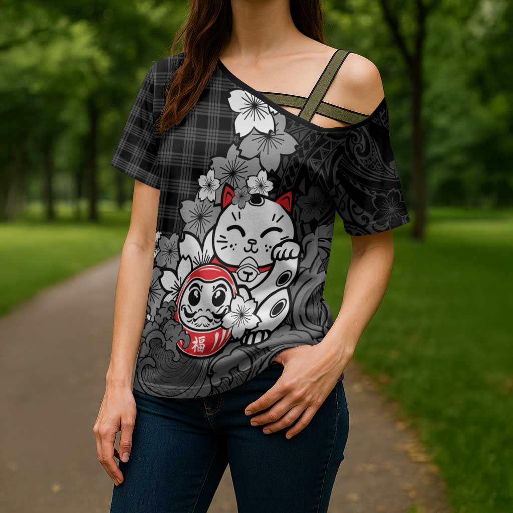 Black Palaka Hawaiian And Japanese Cross Shoulder Shirt Maneki Neko And Sakura Bloom DT05 - Polynesian Pride
