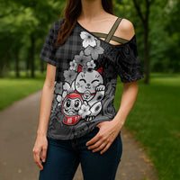 Black Palaka Hawaiian And Japanese Cross Shoulder Shirt Maneki Neko And Sakura Bloom DT05 - Polynesian Pride