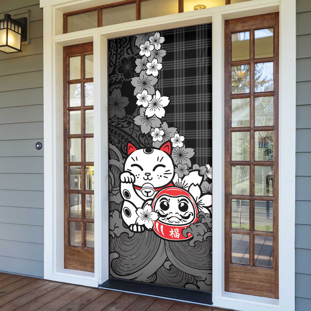 Black Palaka Hawaiian And Japanese Door Cover Maneki Neko And Sakura Bloom DT05 - Polynesian Pride