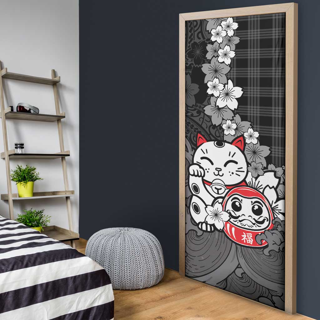 Black Palaka Hawaiian And Japanese Door Cover Maneki Neko And Sakura Bloom DT05 - Polynesian Pride