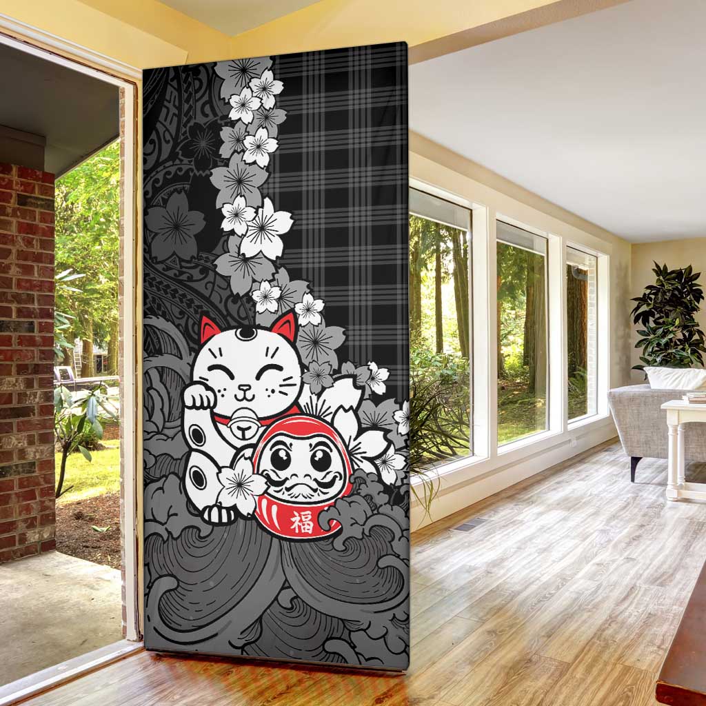 Black Palaka Hawaiian And Japanese Door Cover Maneki Neko And Sakura Bloom DT05 - Polynesian Pride