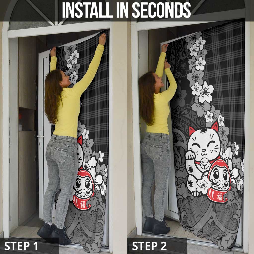 Black Palaka Hawaiian And Japanese Door Cover Maneki Neko And Sakura Bloom DT05 - Polynesian Pride