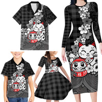 Black Palaka Hawaiian And Japanese Family Matching Long Sleeve Bodycon Dress and Hawaiian Shirt Maneki Neko And Sakura Bloom
