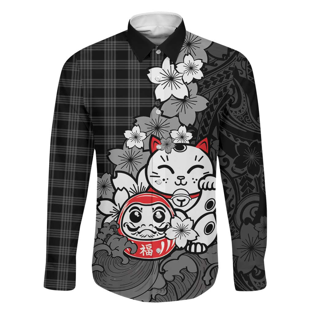 Black Palaka Hawaiian And Japanese Family Matching Long Sleeve Bodycon Dress and Hawaiian Shirt Maneki Neko And Sakura Bloom