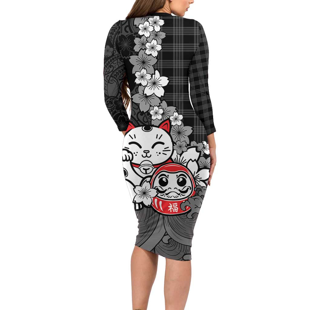 Black Palaka Hawaiian And Japanese Family Matching Long Sleeve Bodycon Dress and Hawaiian Shirt Maneki Neko And Sakura Bloom