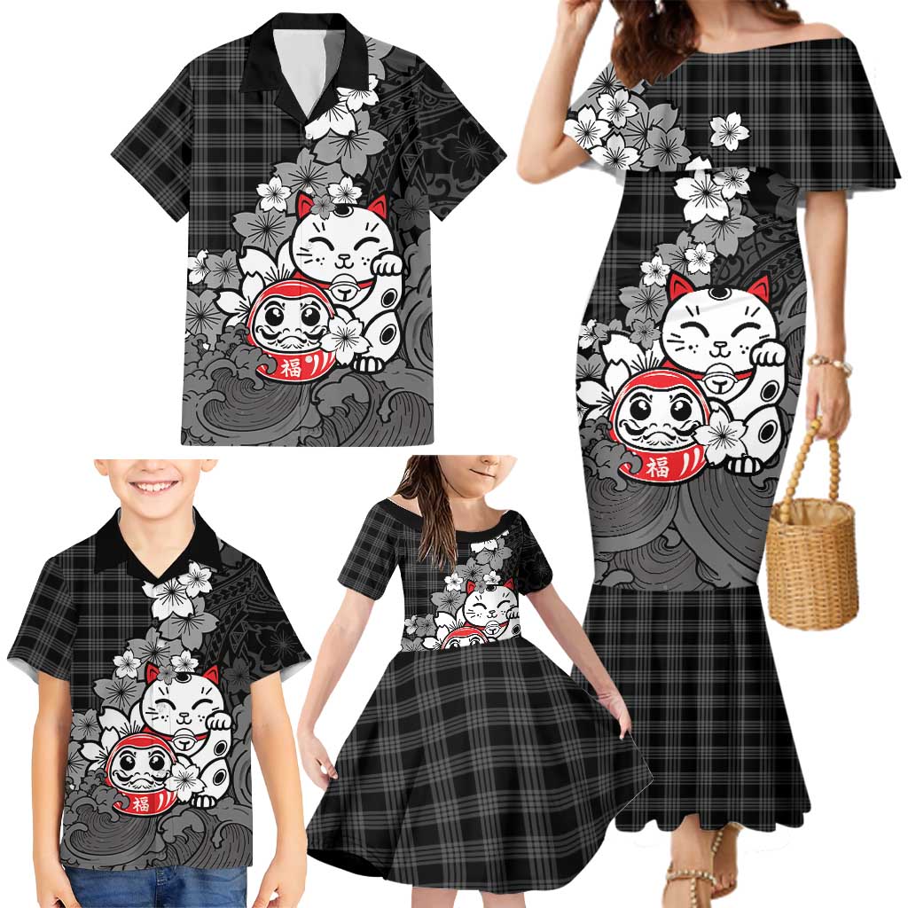 Black Palaka Hawaiian And Japanese Family Matching Mermaid Dress and Hawaiian Shirt Maneki Neko And Sakura Bloom DT05 - Polynesian Pride