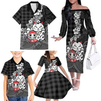 Black Palaka Hawaiian And Japanese Family Matching Off The Shoulder Long Sleeve Dress and Hawaiian Shirt Maneki Neko And Sakura Bloom