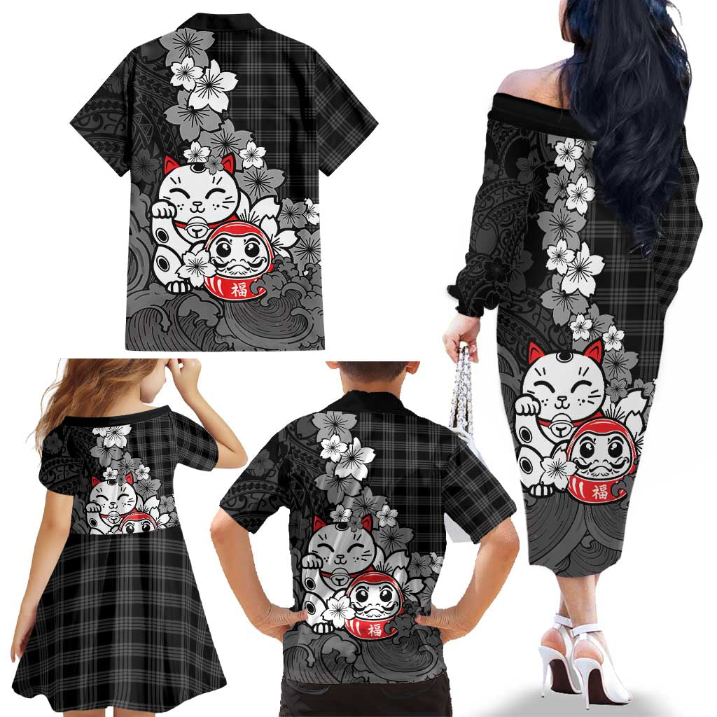 Black Palaka Hawaiian And Japanese Family Matching Off The Shoulder Long Sleeve Dress and Hawaiian Shirt Maneki Neko And Sakura Bloom