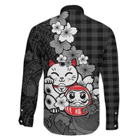 Black Palaka Hawaiian And Japanese Family Matching Off The Shoulder Long Sleeve Dress and Hawaiian Shirt Maneki Neko And Sakura Bloom