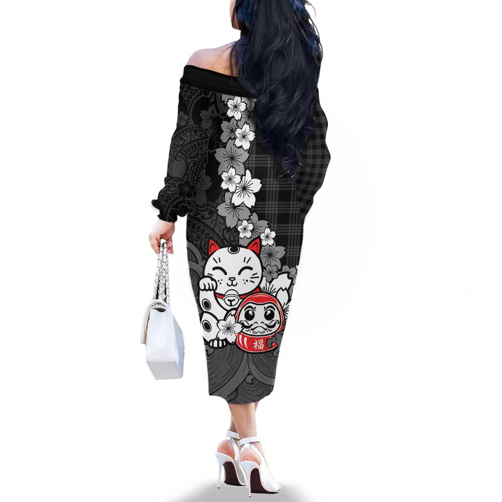 Black Palaka Hawaiian And Japanese Family Matching Off The Shoulder Long Sleeve Dress and Hawaiian Shirt Maneki Neko And Sakura Bloom