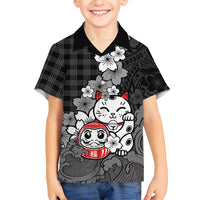 Black Palaka Hawaiian And Japanese Family Matching Off The Shoulder Long Sleeve Dress and Hawaiian Shirt Maneki Neko And Sakura Bloom