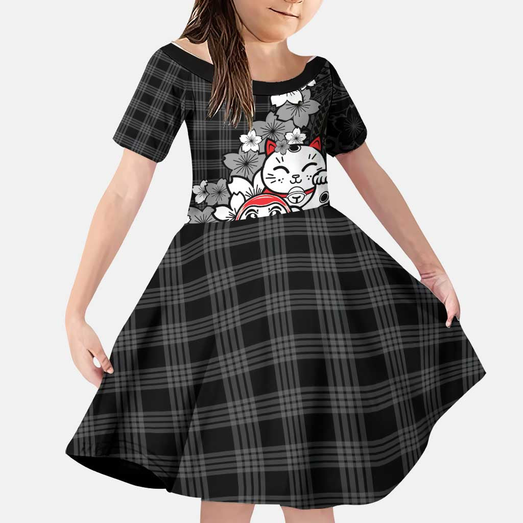 Black Palaka Hawaiian And Japanese Family Matching Off Shoulder Short Dress and Hawaiian Shirt Maneki Neko And Sakura Bloom