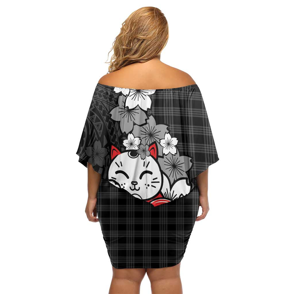 Black Palaka Hawaiian And Japanese Family Matching Off Shoulder Short Dress and Hawaiian Shirt Maneki Neko And Sakura Bloom
