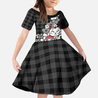 Black Palaka Hawaiian And Japanese Family Matching Short Sleeve Bodycon Dress and Hawaiian Shirt Maneki Neko And Sakura Bloom