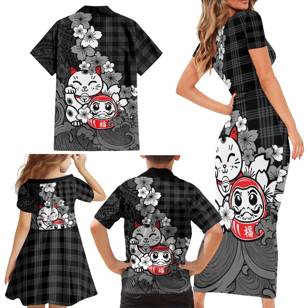 Black Palaka Hawaiian And Japanese Family Matching Short Sleeve Bodycon Dress and Hawaiian Shirt Maneki Neko And Sakura Bloom