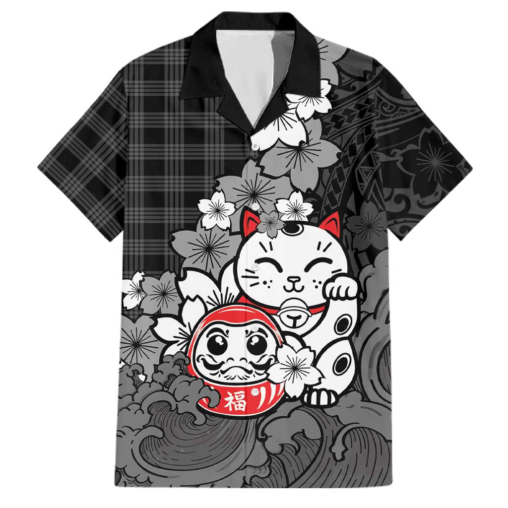 Black Palaka Hawaiian And Japanese Family Matching Short Sleeve Bodycon Dress and Hawaiian Shirt Maneki Neko And Sakura Bloom