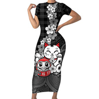 Black Palaka Hawaiian And Japanese Family Matching Short Sleeve Bodycon Dress and Hawaiian Shirt Maneki Neko And Sakura Bloom