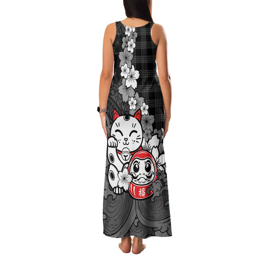 Black Palaka Hawaiian And Japanese Family Matching Tank Maxi Dress and Hawaiian Shirt Maneki Neko And Sakura Bloom