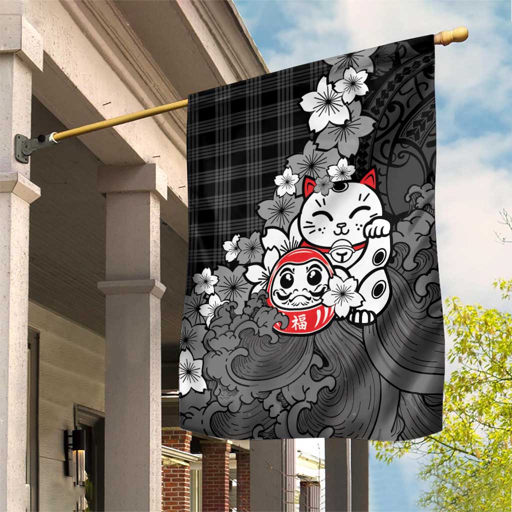 Black Palaka Hawaiian And Japanese Garden Flag Maneki Neko And Sakura Bloom DT05 House Flag Black - Polynesian Pride