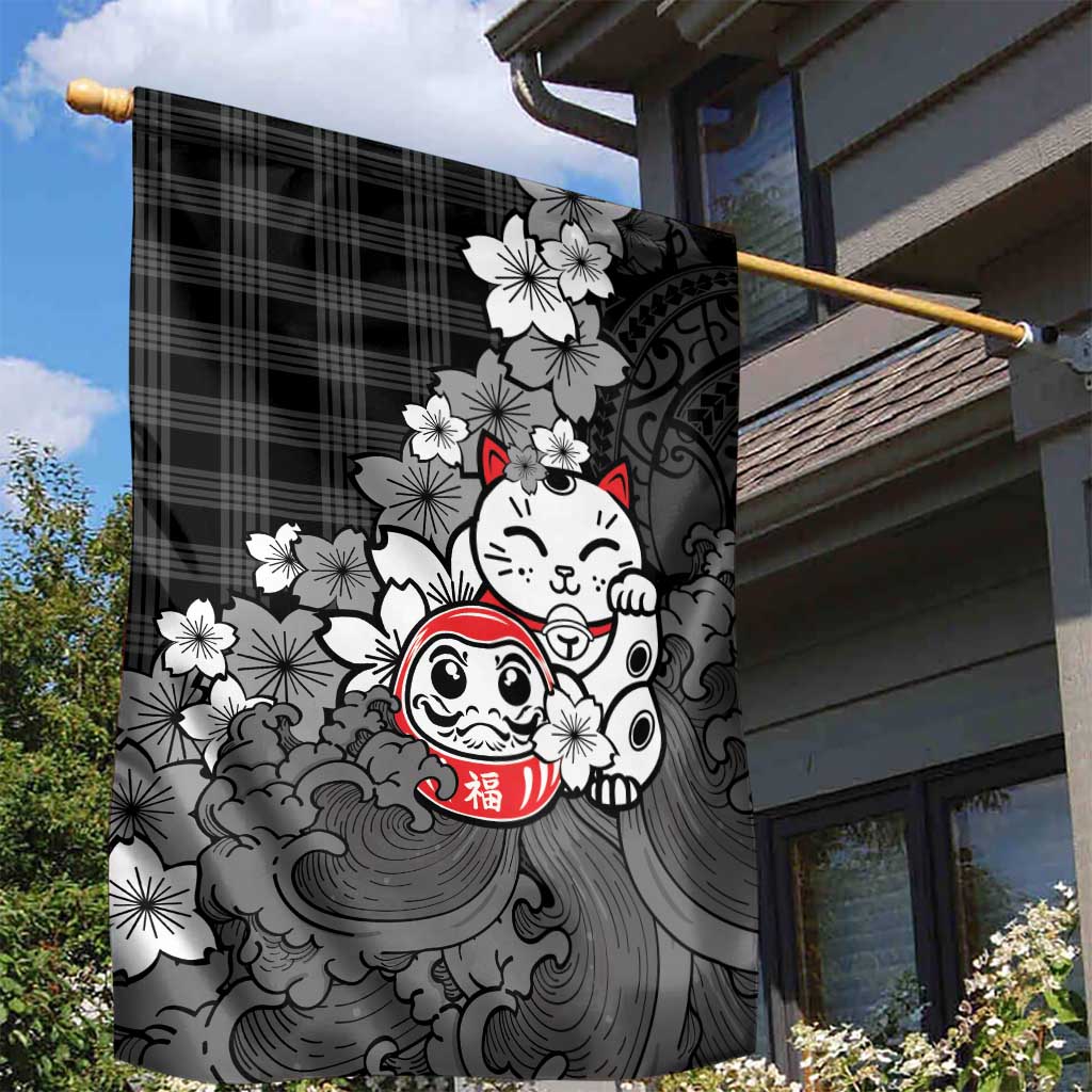 Black Palaka Hawaiian And Japanese Garden Flag Maneki Neko And Sakura Bloom DT05 - Polynesian Pride