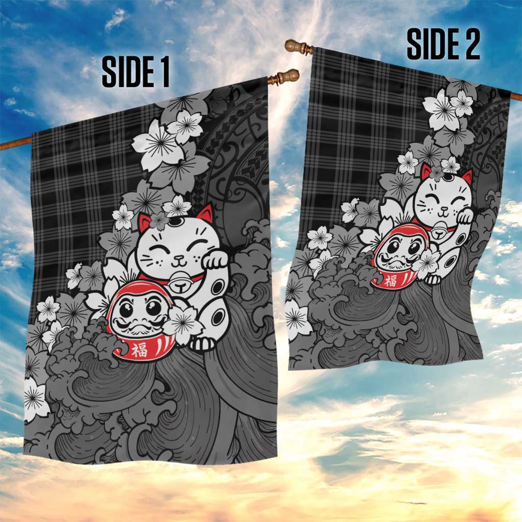 Black Palaka Hawaiian And Japanese Garden Flag Maneki Neko And Sakura Bloom DT05 - Polynesian Pride