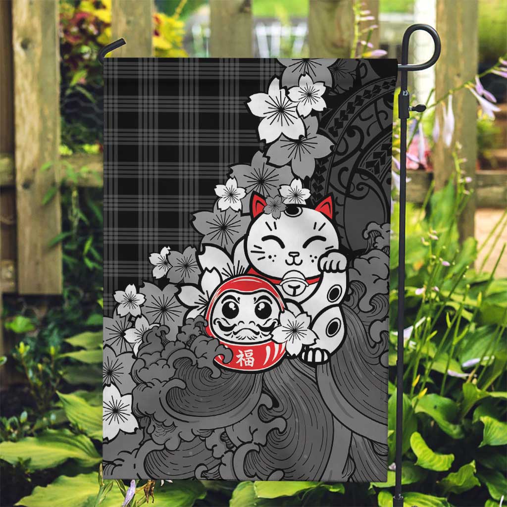 Black Palaka Hawaiian And Japanese Garden Flag Maneki Neko And Sakura Bloom DT05 Garden Flag Black - Polynesian Pride