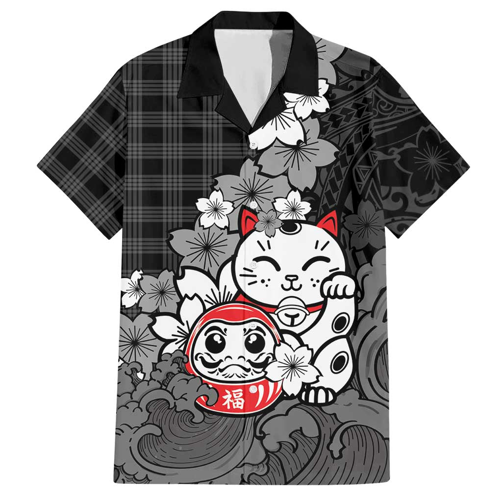 Black Palaka Hawaiian And Japanese Hawaiian Shirt Maneki Neko And Sakura Bloom DT05 Black - Polynesian Pride