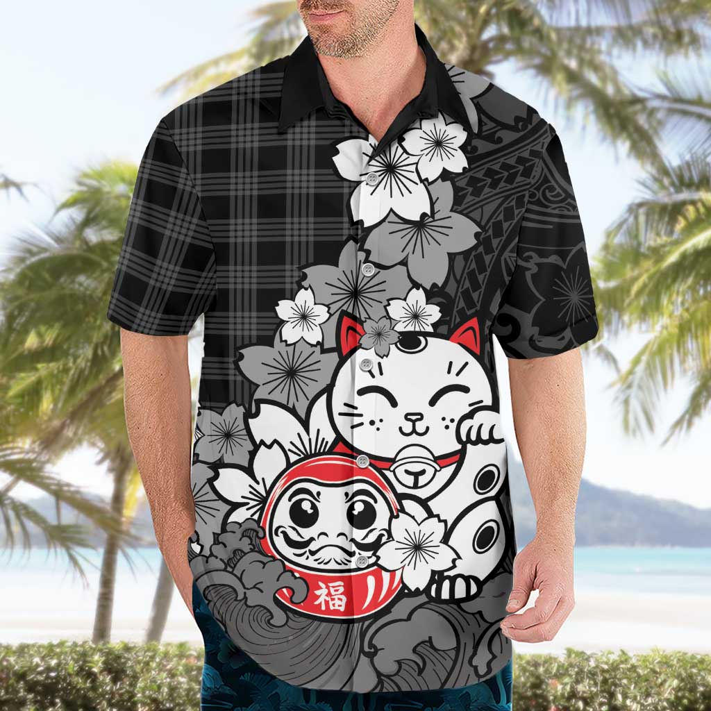 Black Palaka Hawaiian And Japanese Hawaiian Shirt Maneki Neko And Sakura Bloom DT05 - Polynesian Pride