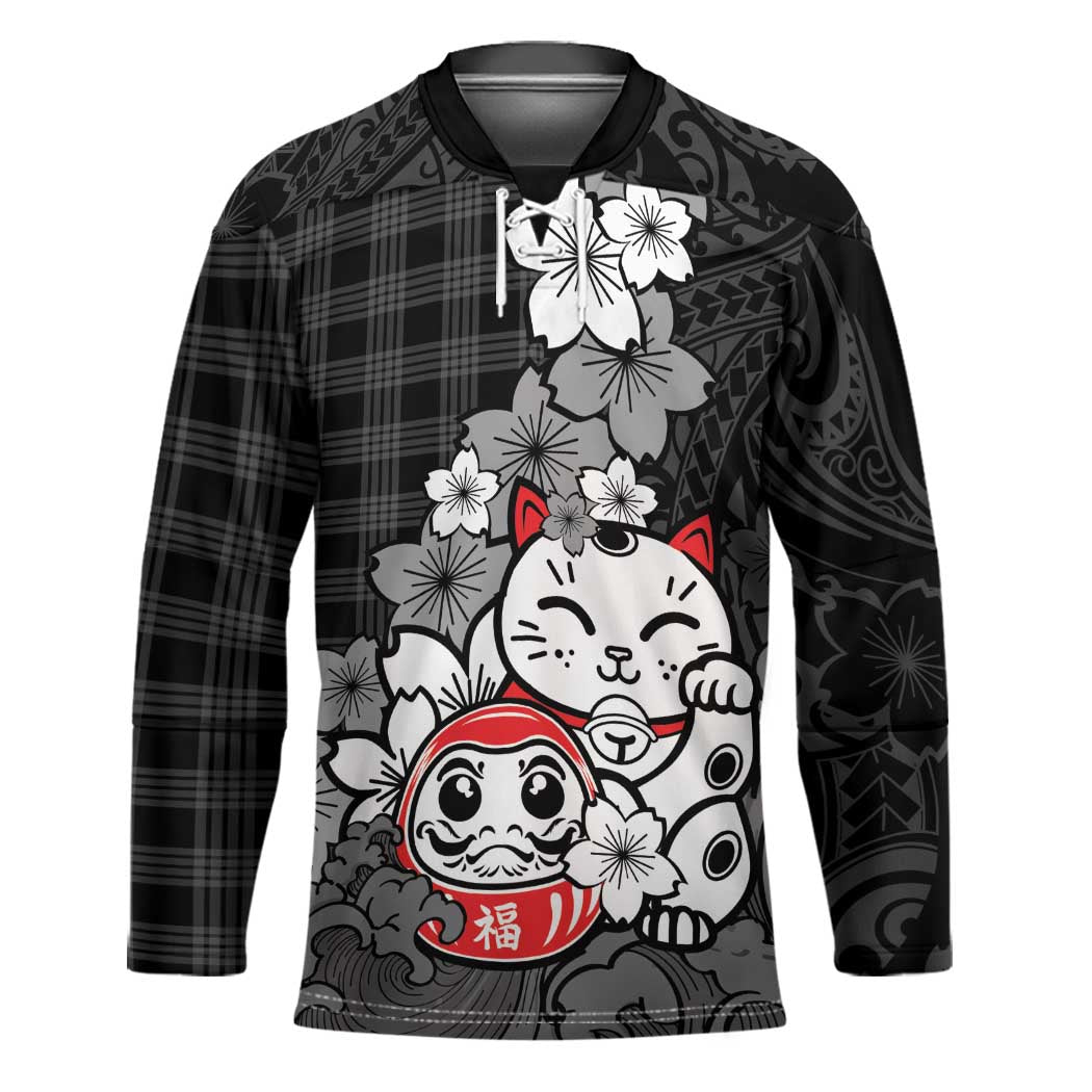 Black Palaka Hawaiian And Japanese Hockey Jersey Maneki Neko And Sakura Bloom DT05 Unisex Black - Polynesian Pride