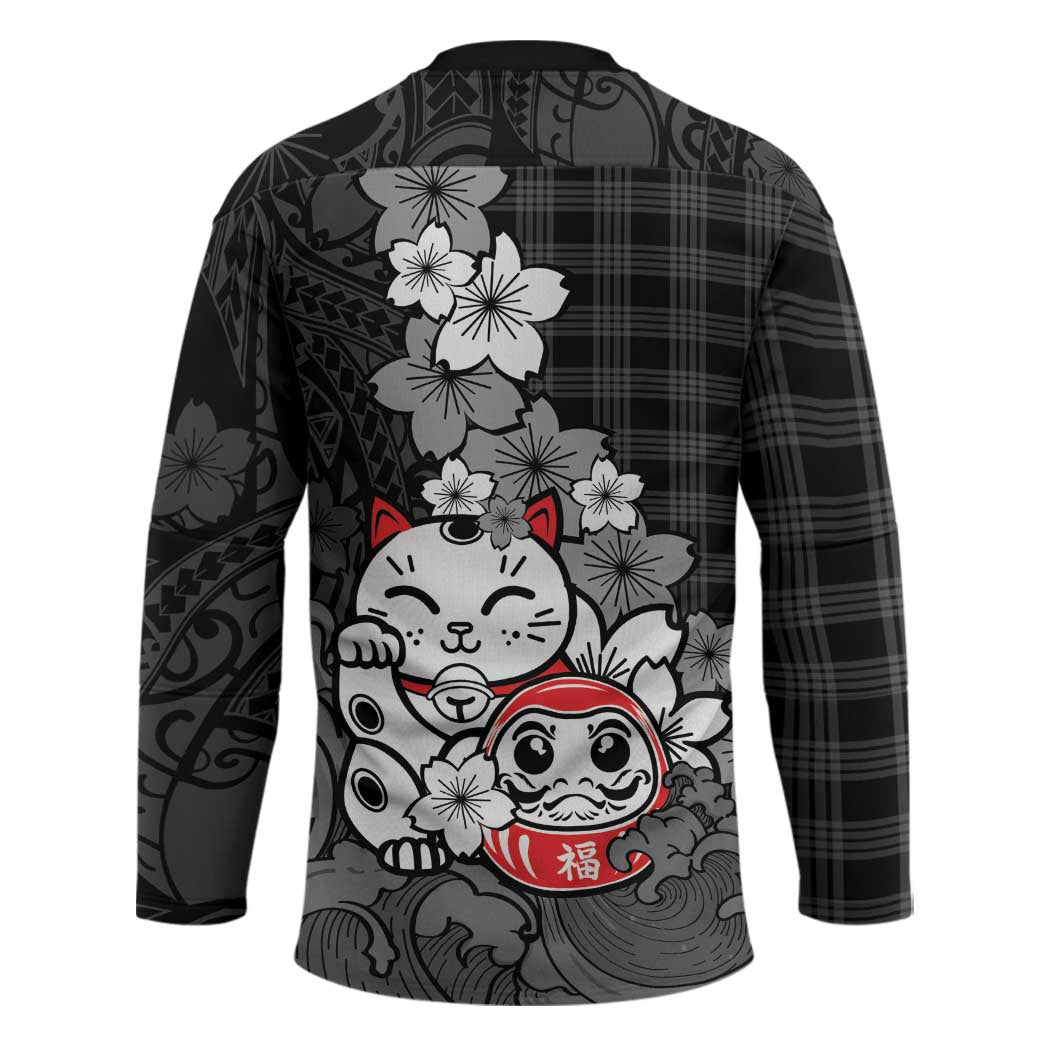 Black Palaka Hawaiian And Japanese Hockey Jersey Maneki Neko And Sakura Bloom DT05 - Polynesian Pride