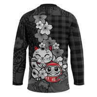 Black Palaka Hawaiian And Japanese Hockey Jersey Maneki Neko And Sakura Bloom DT05 - Polynesian Pride