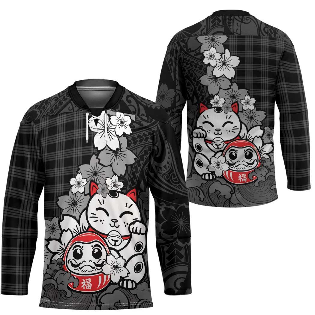 Black Palaka Hawaiian And Japanese Hockey Jersey Maneki Neko And Sakura Bloom DT05 - Polynesian Pride