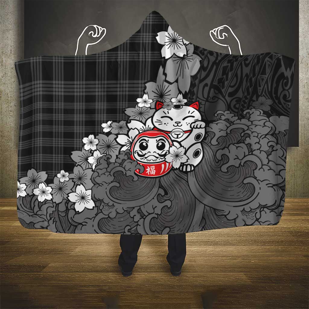 Black Palaka Hawaiian And Japanese Hooded Blanket Maneki Neko And Sakura Bloom DT05 - Polynesian Pride