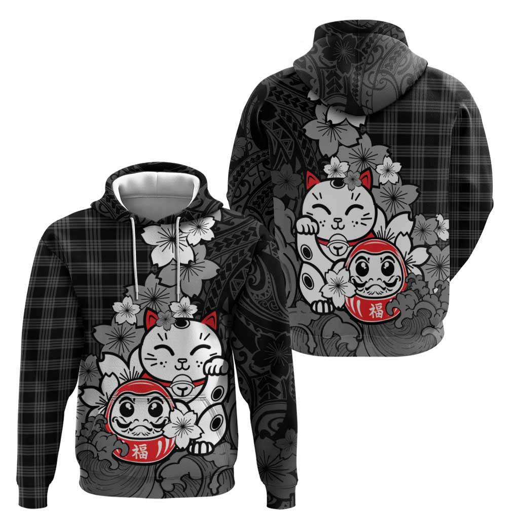 Black Palaka Hawaiian And Japanese Hoodie Maneki Neko And Sakura Bloom DT05 - Polynesian Pride