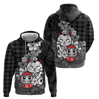 Black Palaka Hawaiian And Japanese Hoodie Maneki Neko And Sakura Bloom DT05 - Polynesian Pride