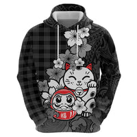 Black Palaka Hawaiian And Japanese Hoodie Maneki Neko And Sakura Bloom DT05 - Polynesian Pride