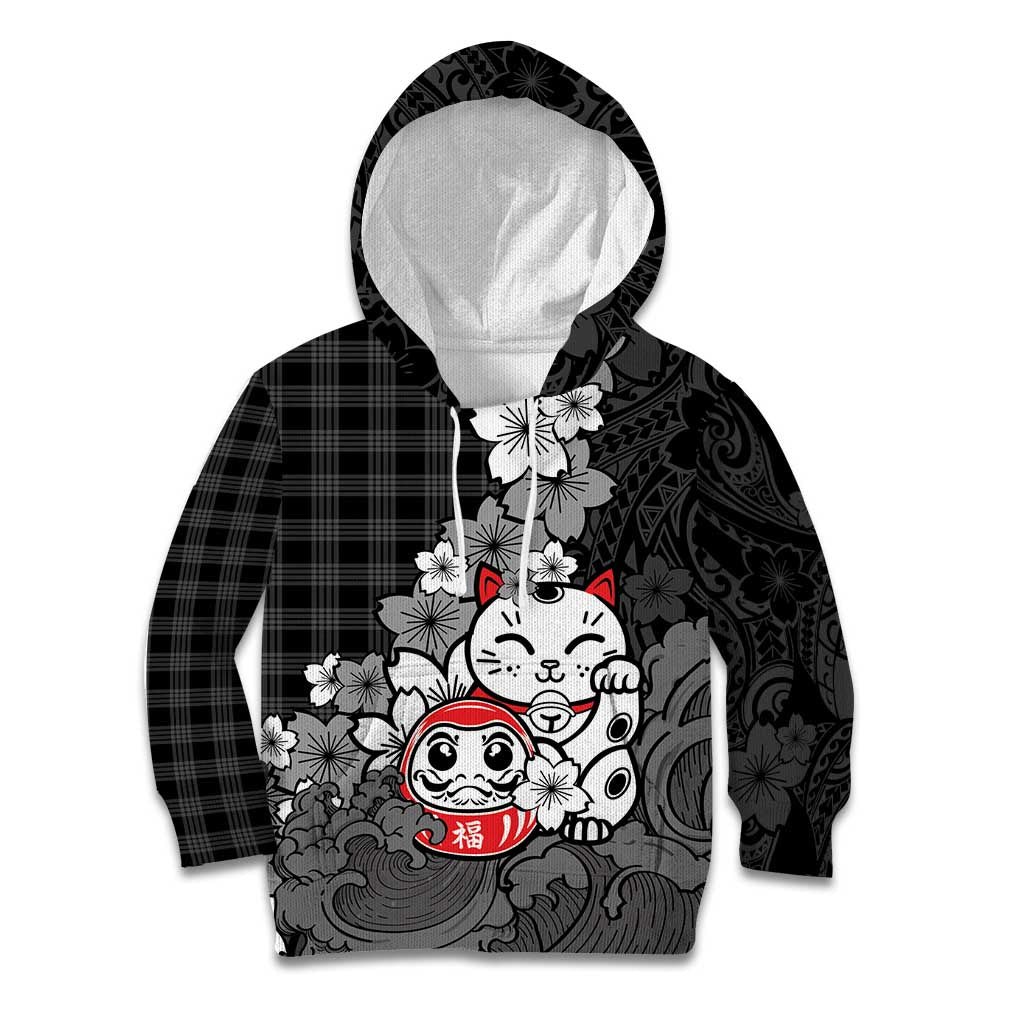Black Palaka Hawaiian And Japanese Kid Hoodie Maneki Neko And Sakura Bloom DT05 Hoodie Black - Polynesian Pride