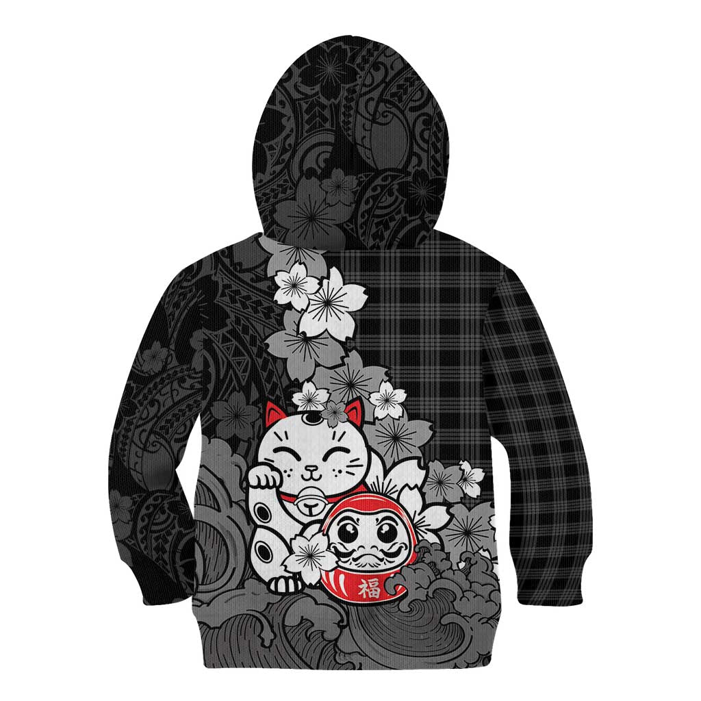 Black Palaka Hawaiian And Japanese Kid Hoodie Maneki Neko And Sakura Bloom DT05 - Polynesian Pride