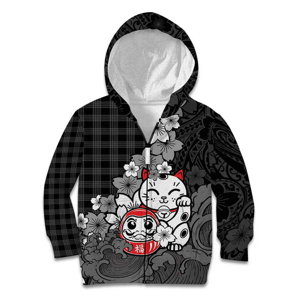 Black Palaka Hawaiian And Japanese Kid Hoodie Maneki Neko And Sakura Bloom DT05 Zip Hoodie Black - Polynesian Pride