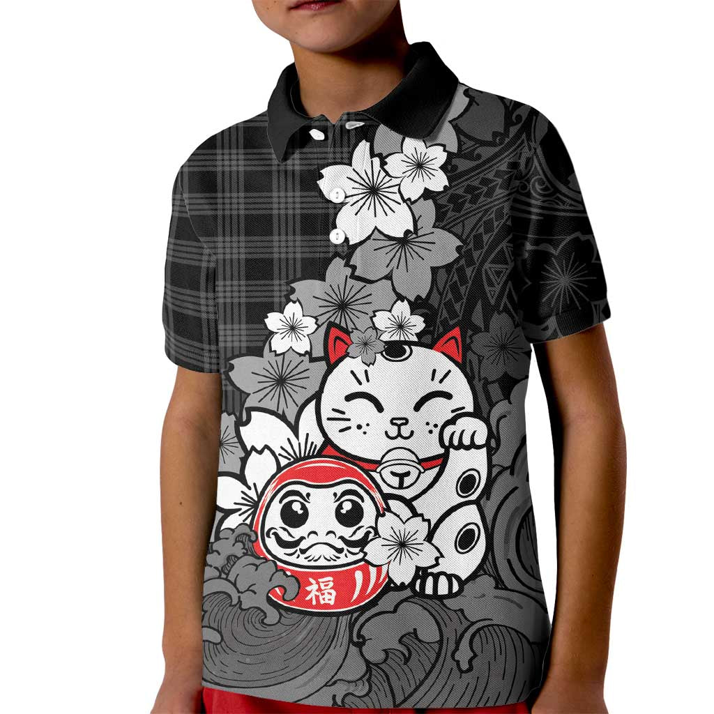 Black Palaka Hawaiian And Japanese Kid Polo Shirt Maneki Neko And Sakura Bloom DT05 Kid Black - Polynesian Pride