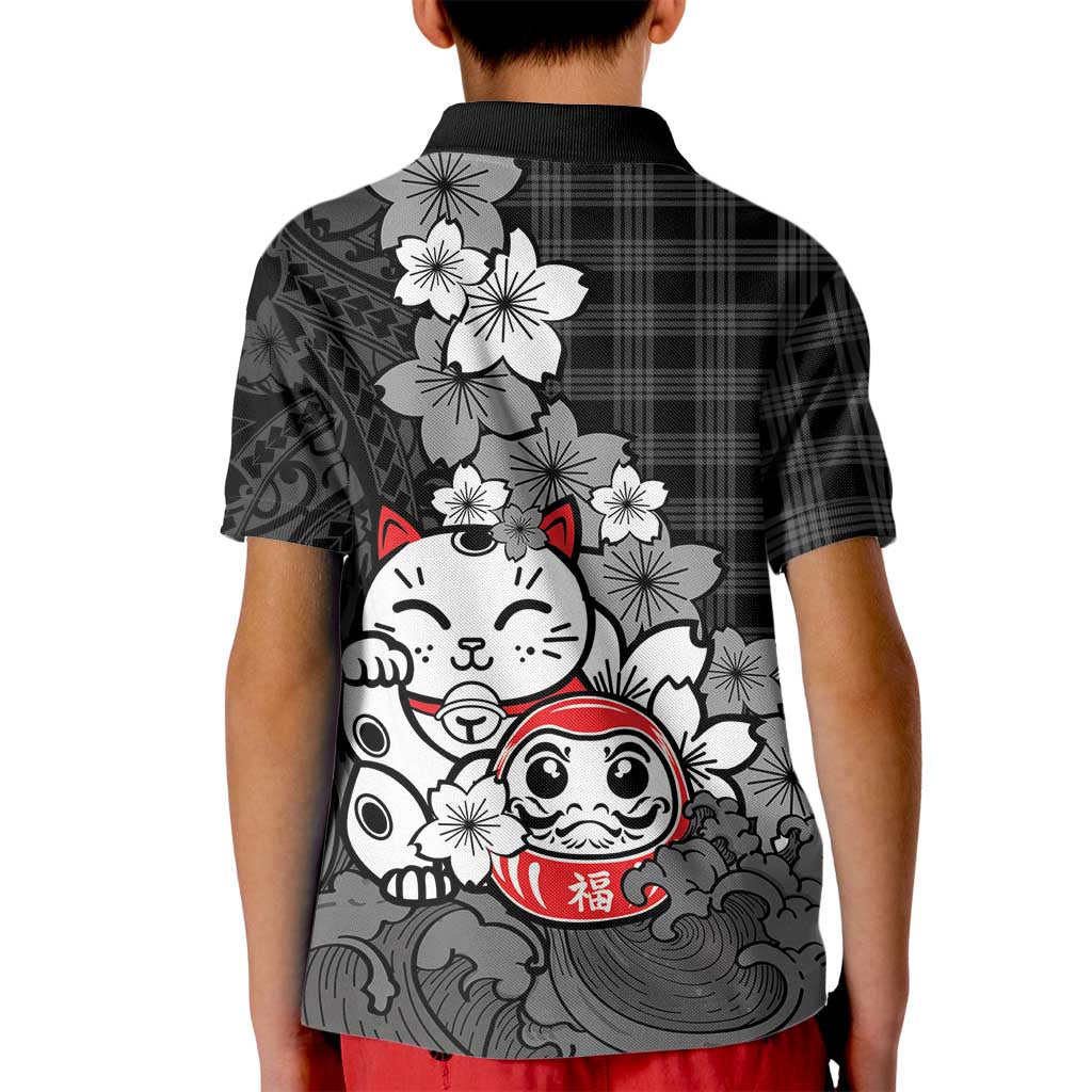 Black Palaka Hawaiian And Japanese Kid Polo Shirt Maneki Neko And Sakura Bloom
