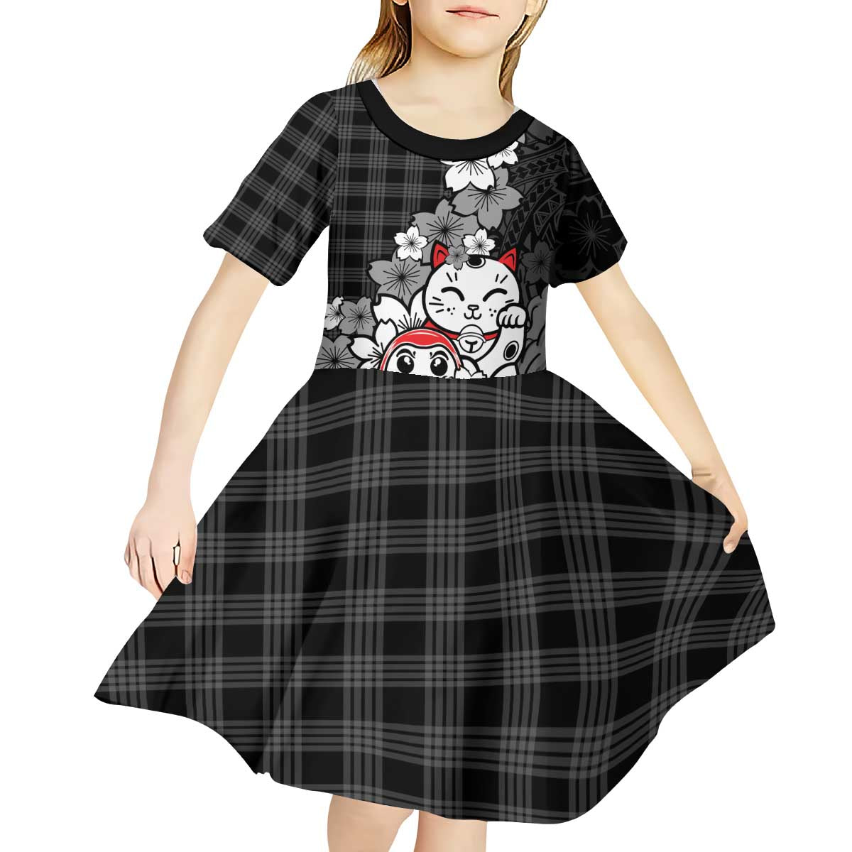 Black Palaka Hawaiian And Japanese Kid Short Sleeve Dress Maneki Neko And Sakura Bloom DT05 - Polynesian Pride